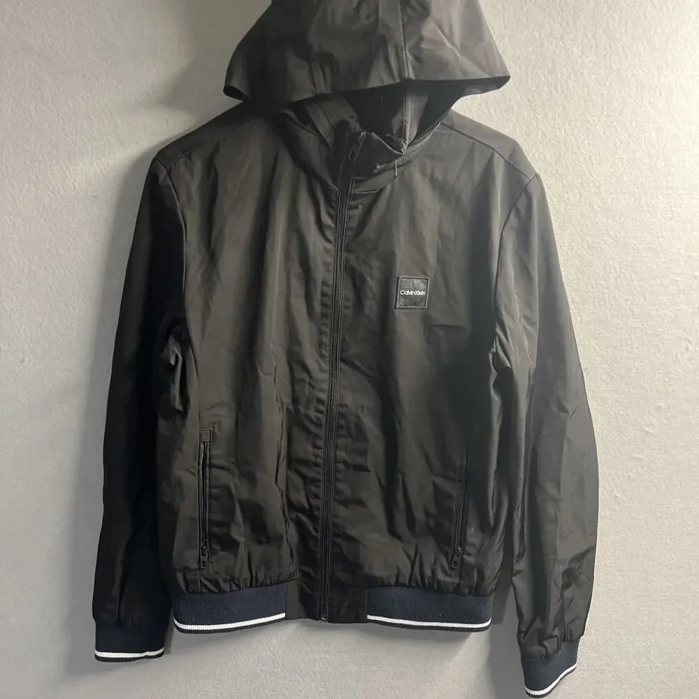 Calvin‎ Klein Men's Black Windbreaker Small Removable Hood Jock Reflective